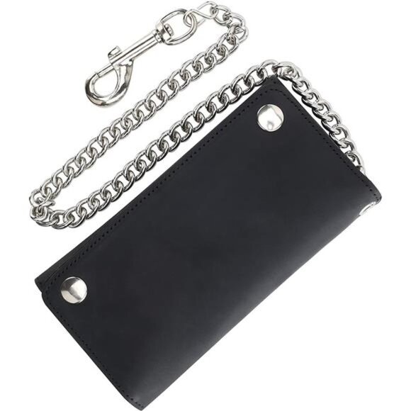 Men's Tri-fold Vintage Long Style cow Leather With Chain card holder Wallet